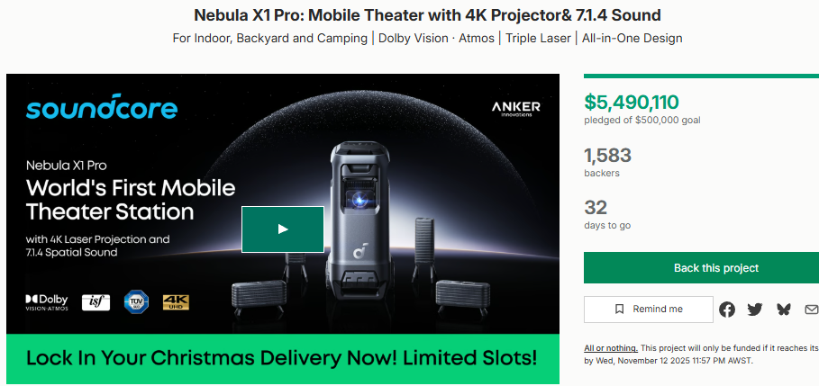 Anker's Nebula X1 Pro Portable Laser Projector Campaign Surges Towards $10 Million on Kickstarter