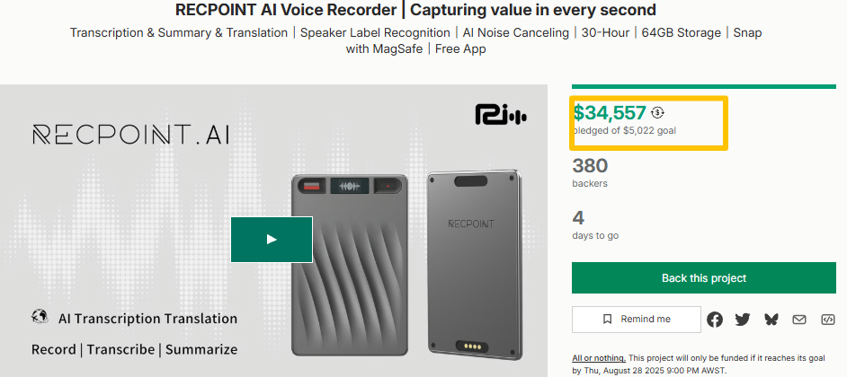 RECPOINTNOTE AI Voice Recorder: A Crowdfunding Campaign Struggles to Replicate Success, Projected Under $50K on Kickstarter