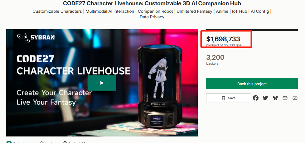 CODE27 CharacterLivehouse: AI Companion Hardware Raises $1.69M on Kickstarter