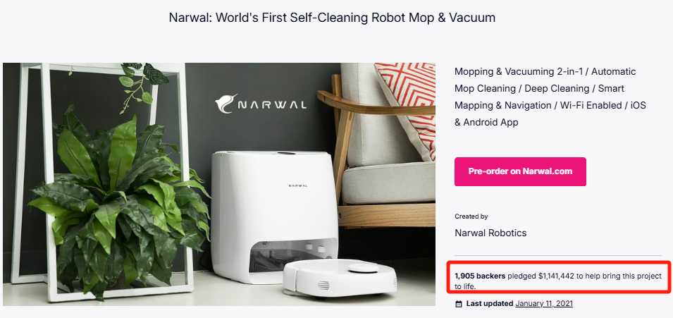 Narwal Robotics' Debut Robot Vacuum Raises $1.14M on Kickstarter