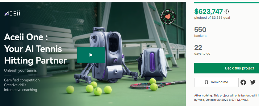 AI Smart Tennis Trainer Aceii One Surpasses $600K on Kickstarter