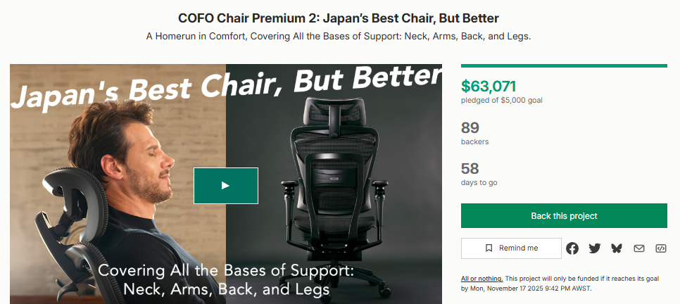 COFO Chair Premium2: Japanese Ergonomic Chair Surpasses $60K on Kickstarter in 24 Hours