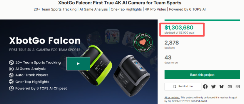 XbotGo Falcon AI Camera Achieves $1 Million on Kickstarter in Two Hours