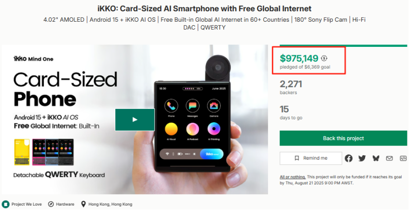 MindOne AI Card Smartphone Nears $1 Million on Kickstarter