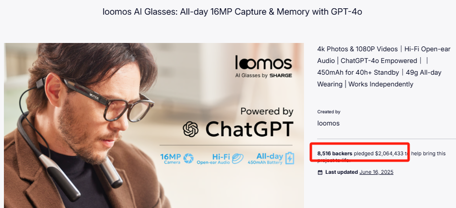 Sharge's Loomos AI Glasses Campaign Surpasses $2 Million on Kickstarter