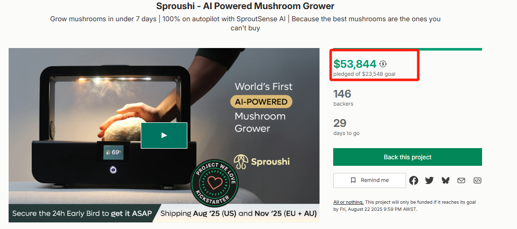 Smart Home Mushroom Grower Sproushi Raises €50,000 on Kickstarter in First Day