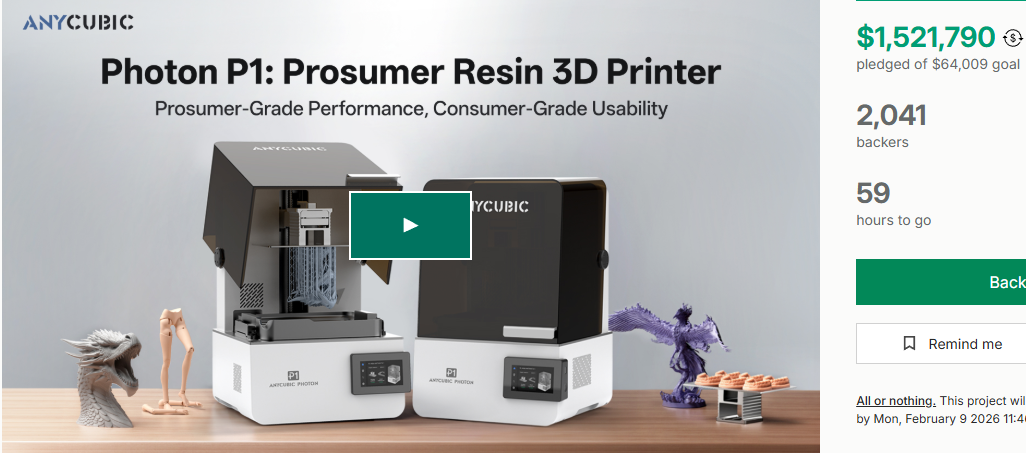 Anycubic Photon P1 LCD Resin 3D Printer Surpasses $1.5 Million on Kickstarter
